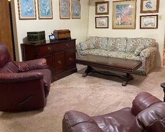 Sleeper Sofa, Assorted Wall Décor, Leather Recliners, Mahogany Sideboard/Buffet, Oversized Treasure Boxes