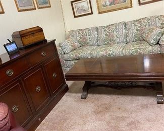 Sleeper Sofa, Assorted Wall Décor, Leather Recliners, Mahogany Sideboard/Buffet, Oversized Treasure Boxes