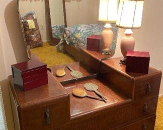 Antique Ladies Waterfall Vanity with Beveled Mirror, Ladies Hair Brush & Hand Held Mirror, Trinket Boxes, Lamp