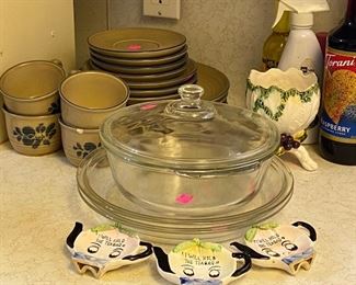 Vintage Ceramic Tea Bag Holders, Pyrex Bowl with Lid, Pyrex Pie Plates, Vase, Pfaltzgraff Stoneware Set 