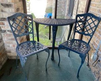 cast aluminum half round table & chairs