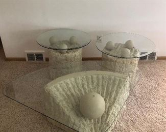 Organic Modern Tessellated Mactan Stone & Glass Coffee Table w/ Two End Tables - all appear to be in excellent condition. (Photo 1 of 5)