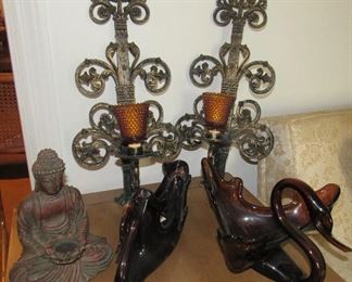 Lot 7 - Two wall candle holders, Two large glass Duck & Swan, Small Buddha $45.00             