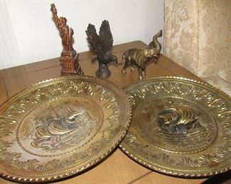 Lot - 18 - Bronze Elephant, Wall Plates, Eagle & Small statue of Liberty $35.00                                             