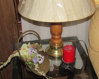 Lot 86 - Lamp, two glass end tables, candle etc. Next picture is part of this lot $35.00                               