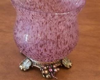 LOT D45 - $55 - JAY STRONGWATER - RETIRED PINK DRAGONLY LEAF CANDLEHOLDER 4" TALL