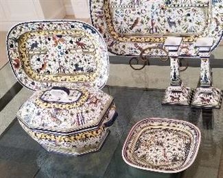 LOT S115 - $410 - HAND PAINTED NATILIA PORTUGAL - LARGER PLATTER IS 23" X 15", SMALLER DEEP PLATTER IS 19 1/2" X 13 1/2", COVERED VEGETABLE DISH IS 10" X 10", SQUARE PLATE IS 10" X 10", PAIR OF CANDLESTICKS ARE 10 10 1/4" TALL