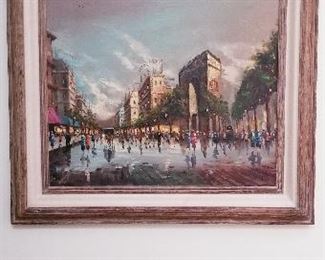 LOT A17- $150- ORIGINAL OIL FRENCH SCENE SIGNED " VIRGILI"  31 1/2 X 37 1/2  ( AS IS, MATTING STAINED)
