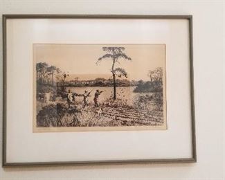 LOT A27- $125- OLD ENGRAVING OF HUNTING SCENE SIGNED , 21 X 16 1/2