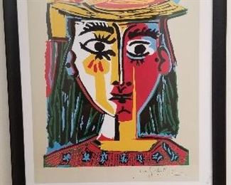 LOT A 28- $95-  PICASSO PRINT, "WOMAN WITH HAT" 22 X 33 " AS IS" CRACKED