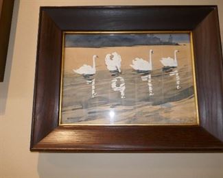 Gorgeous Signed oil painting swans in fine old frame