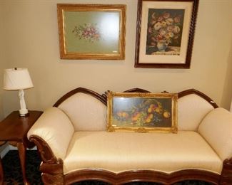 Framed Needlepoint, vintage oil painting, darling drop leaf table, vintage lamp