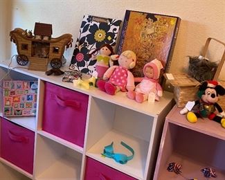 Assorted Baby Dolls, Corelle French Baby Doll, Madame Alexander Baby Doll, Noah's Ark (not a toy), Cubby Shelving Storage Units with Fabric Holders