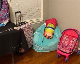 Guess Luggage, Big Joe Bean Bag Chair, Graco Twin Dolly Stroller, TSUM TSUM Child's Blanket