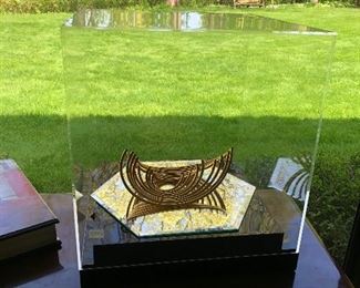 Agam Beating Heart 4 dimensional Gold Plated Brass sculpture under a lucite cube on a mirror 8" x 5 5/8" comes with signed Agam Book $1100 Certificate of Authenticity by Gallery purchased 1988
