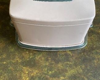 19. Mid Century Pink Metal Cake Carrier/Glass Under Plate $25