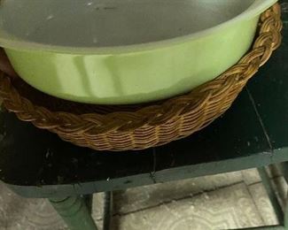 69. Vintage Pyrex Lime Green Cake Dish with Serving Basket $8