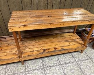 134.  Vintage Home Made. Knotty Pine Industrial Table.54.5 Long x 24 Deep X 37 Tall $35