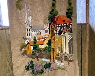 257. Vintage Hand Made Embroidered Church Scene Wall Hanging $12
