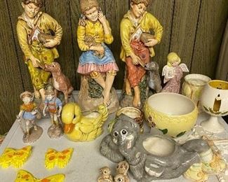 316. Large Ceramics BOYS, GIRL Each $6. Duck $4. Squirrel Planter Gray $6, Pair of Fishing Boys $4