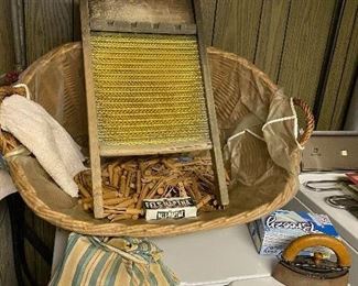326. Vintage Laundry Basket with Wood Clothespins $10, Washboard $4, Antique Iron $12