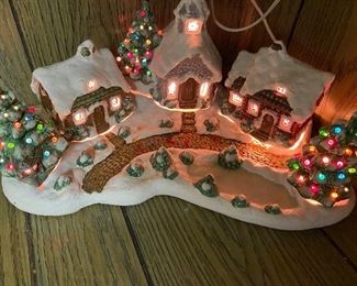 265. Vintage Ceramic  Snow Village Lighted Winter Scene, 3 Lighted Christmas Trees, Houses show Lighted. $ 20