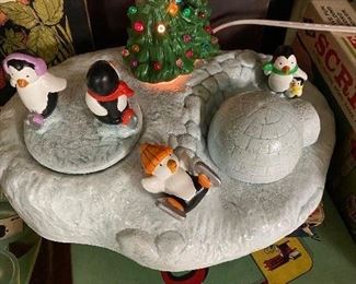 267. Vintage  Ceramic Musical Ice Skating Penguins with Lighted Christmas Tree $15