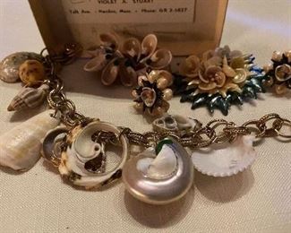 169. Vintage Shell Jewelry  with Shell craft  Jewelry Box Earrings, Bracelet $8