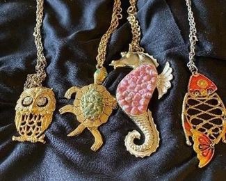187. Mid Century Owl, Turtle, Sea Horse, Fish Necklaces $32