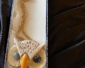 188. Mid Century Owl Necklace in Box $10