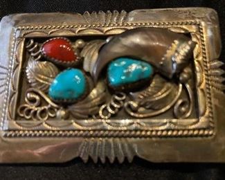 176. Vintage Sterling Turquoise and Coral Belt Buckle $45