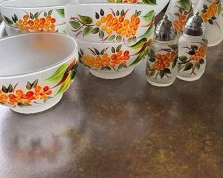35. Anchor Hocking 10 Piece Frosted Hand Painted by Washington Co. Salad Bowl, 5 Small Salad Bowls, Cruet Set, Salt Pepper. $68.00