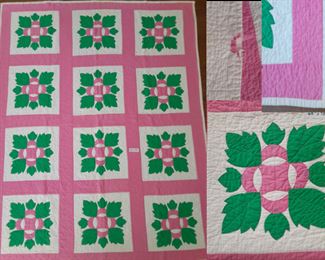 $60 Very good machine quilted by owner. 65" x 78". This bright color, beautiful quilt has minor damage on one small area of binding and a spot on the back. There is some light discoloration and spotting. Additional photos available upon request on pre-sale Friday.