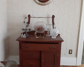 $95 DR  washstand, original oil painting in oval frame, antique oil condiment server