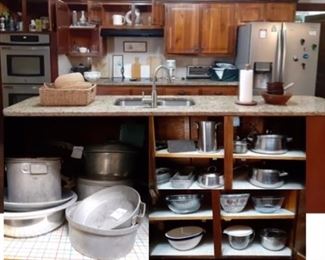 Kitchen vintage pans including camping, cookbooks kitchenware.