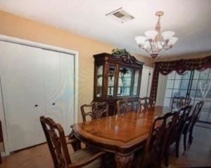 Dining room, table with two extensions, 6 chairs, 2 captain chairs, hutch, 4 wood tv trays