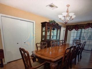 Dining room, table with two extensions, 6 chairs, 2 captain chairs, hutch, 4 wood tv trays
