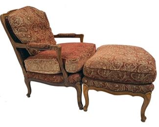 UPHOLSTERED ARM CHAIR AND OTTOMAN BY BAKER FURNITURE CO. $125