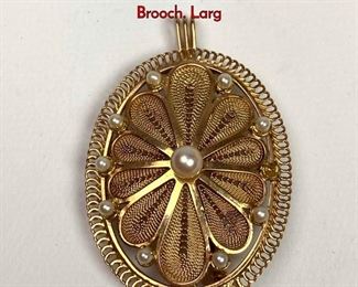 Lot 1007 Vintage 14K Gold Cannetille Filigree Pearl Brooch. Larg