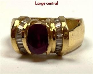 Lot 1008 14K Gold Red Stone Diamonds Ladies Ring. Large central 