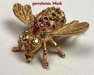 Lot 1013 14K Gold Figural Bug Pin. Semiprecious gemstones. Mark