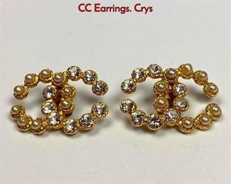 Lot 1023 Pr CHANEL Vintage Pearl, Crystal Logo CC Earrings. Crys