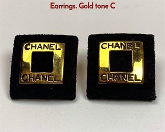 Lot 1024 Pr CHANEL Black Suede Square Logo Earrings. Gold tone C