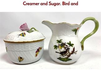 Lot 1069 Handpainted HEREND HUNGARY Creamer and Sugar. Bird and 
