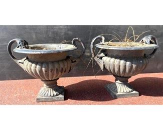 Lot 1141 Pair Cast Iron Handled Garden Urns.