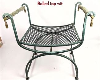 Lot 1179 Decorative Arched Base Iron Stool Bench. Rolled top wit