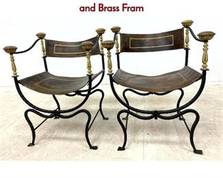 Lot 1180 Pair Savonarola Leather Chairs with Iron and Brass Fram