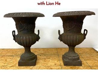 Lot 1198 Pair Cast Iron Outdoor Garden Urn Planters with Lion He