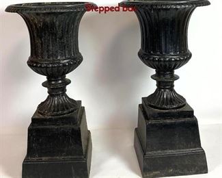 Lot 1207 Pair 2 Part Cast Iron Urn Planters. Urn on Stepped bas