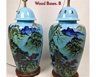 Lot 1228 Pair Lg Asian Ginger Jar Table Lamps with Wood Bases. B